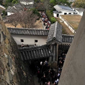 View from castle lower floor - packed with people queuing to enter